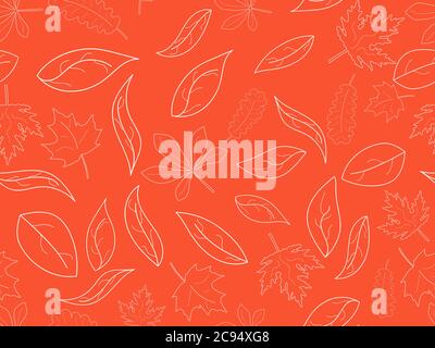 Seamless pattern with the contours of autumn leaves. Falling leaves, autumn background. Oak and maple. Vector illustration Stock Vector