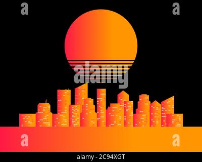 80s retro sci-fi city and futuristic sunset. Synthwave and retrowave style. Vector illustration Stock Vector