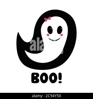 Cute girl ghost with pink blush, bow and boo word. Halloween greeting card. Isolated on white background. Vector stock illustration. Stock Vector