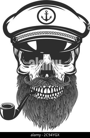 Illustration of bearded skull of sea captain. Design element for logo, emblem, sign, poster, card, banner. Vector illustration Stock Vector