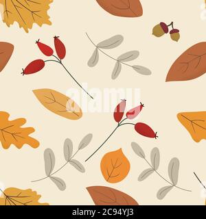 Seasonal autumn hand drawn seamless vector pattern.Fall decorative endless background with dried leaves,acorns and berries.Foliage backdrop Stock Vector