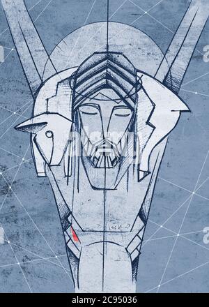 Hand drawn illustration or drawing of Jesus Christ Shepherd at the Cross Stock Photo