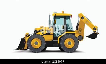 construction yellow tractor side white on white Stock Vector
