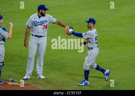 Houston, United States. 29th July, 2020. Los Angeles Dodgers' Kenley Jansen and Mookie Betts celebrate a victory over the Houston Astros at Minute Maid Park in Houston on Tuesday, July 28, 2020. Photo by Trask Smith/UPI Credit: UPI/Alamy Live News Stock Photo