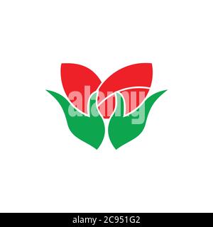simple geometric hand hold leaf red rose logo vector Stock Vector
