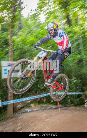 Number 1 world downhill champion Aaron Gwin from Red Bull Racing at the 2016 UCI World Mountain bike Championships held in Cairns, Australia. Stock Photo