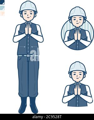 A Man wearing workwear with press hands in prayer images. It's vector art so it's easy to edit. Stock Vector
