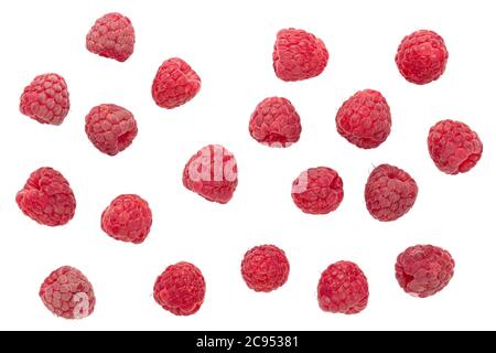 Flying raspberry isolated on white background. top view Stock Photo