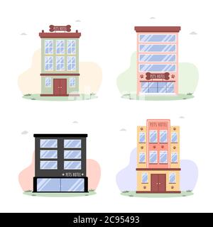 Pets hotel. Veterinary hospital services and domestic animals hotels. Dogs grooming and health check center. Vet clinic, robotic pet sitters metaphors Stock Vector