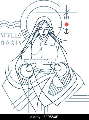 Hand drawn illustration or drawing of the Virgin Mary as the Star of the Sea and a text in latin that means: Star of the Sea Stock Vector