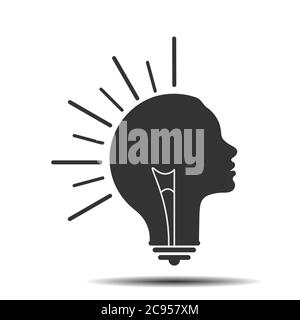 light bulb combined with the silhouette of a woman's head. Metaphor formation of an idea, thinking, creative person. Flat design Stock Vector