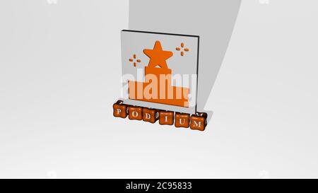 3D graphical image of PODIUM vertically along with text built by metallic cubic letters from the top perspective, excellent for the concept presentation and slideshows. illustration and background Stock Photo