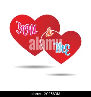 Two hearts with the words ME and YOU isolated on a white background Stock Vector