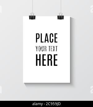 Vector Blank paper poster mock up on white wall. Template of a paper sheet with clips hanging on the rop. Stock Vector