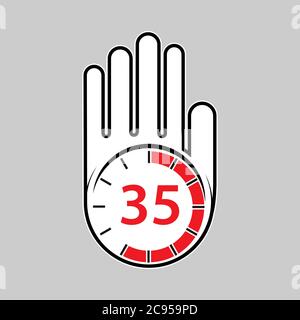 raised, open hand with a watch on it. Time for rest or break, pause. 35 minutes or seconds. Flat design. Stock Vector