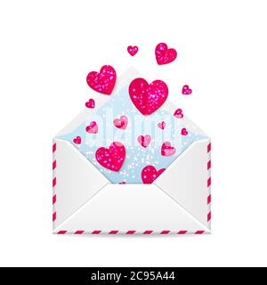 Vector Valentines Day illustration of open envelope with shiny paper red hearts isolated on white background Stock Vector
