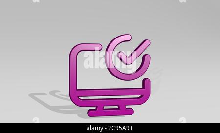 DESKTOP MONITOR APPROVE stand with shadow. 3D illustration of metallic sculpture over a white background with mild texture. computer and business Stock Photo