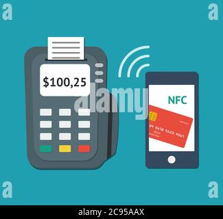 NFC technology concept. Flat illustration of smartphone with credit card on its screen and POS-terminal, processing of mobile payments. Vector illustr Stock Vector