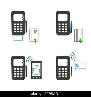 Vector icons of payments methods. Processing of mobile payment, isolated on white background. Stock Vector