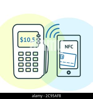 NFC technology concept. Smartphone with credit card on its screen and POS-terminal, processing of mobile payments. Vector illustration isolated on whi Stock Vector