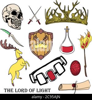 Magic and sorcery items set. REGULATION SYMBOLS. crown, skull. Saitok of parchment and magic potion Stock Vector