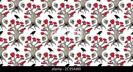 Seamless vector pattern. Magic trees with faces. CHARDREVO. THREE-EYED CROW. TREE WITH RED LEAVES Stock Vector