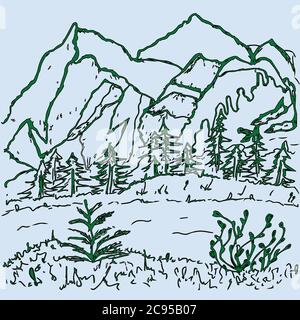 Wild coniferous forest poster with mountain pine, landscape nature, tree natural panorama tourism, design template hand-drawn illustration, sketching Stock Vector