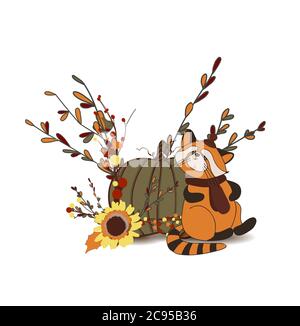 Autumn composition. Pumpkin and autumn twigs isolated on white background. Red panda character. Cute animals in a ha Stock Vector