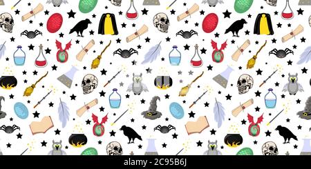 Seamless magic pattern. Halloween items and symbols. Magic wand and cloak of invisibility. School of magic and wizardry. Stock Vector