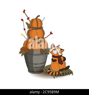 Autumn composition. Pumpkin and autumn twigs isolated on white background. Red panda character. Cute animals in a hat. Thanksgiving card Stock Vector