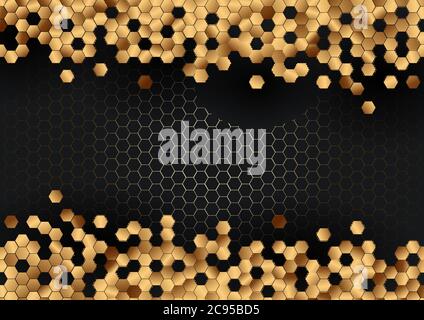 Abstract gold hexagons pattern on black hexagonal texture background. Vector illustration Stock Vector