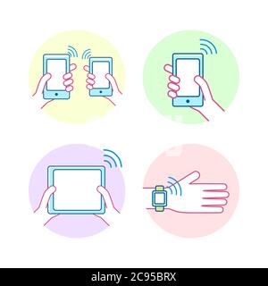 NFC technology concept Illustration of modern devices with radio waves. Vector line illustration Stock Vector