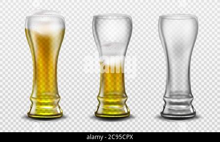 Tall glass full of beer, half full and empty. Vector realistic set of clear mug with gold frothy drink with white foam and bubbles. Mockup of glass with lager beer isolated on transparent background Stock Vector