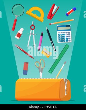 Open pencil case with zipper full of stationery items. Blue bag with supplies. Back to school concept. Pen, ruler, calculator, eraser, scissors, brush, stapler. Cartoon flat vector illustration Stock Vector