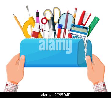 https://l450v.alamy.com/450v/2c95d4f/open-pencil-case-with-zipper-full-of-stationery-items-blue-bag-with-supplies-back-to-school-concept-pen-ruler-calculator-eraser-scissors-brush-stapler-cartoon-flat-vector-illustration-2c95d4f.jpg