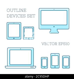 Smartphone, desktop computer, laptop and tablet PC icons. Vector linear illustrations with blue fill Stock Vector