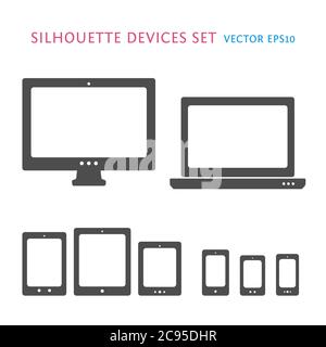 Smartphone, desktop computer, laptop and tablet PC icons. Vector silhouette illustrations Stock Vector