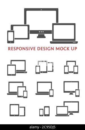 Silhouette vector responsive web design kit. Smartphone, desktop computer, laptop and tablet PC icons and combinations. Stock Vector