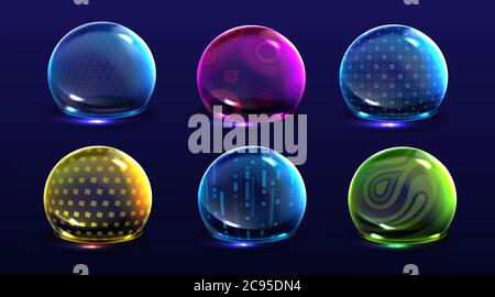 Force shield bubbles, color energy glowing spheres or defense dome fields. Science fiction various deflector elements, firewall absolute protection isolated on blue background, Realistic 3d vector set Stock Vector