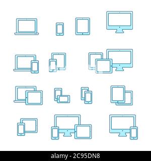 Smartphone, desktop computer, laptop and tablet PC icons and combinations. Outline flat vector responsive web design icons. Stock Vector