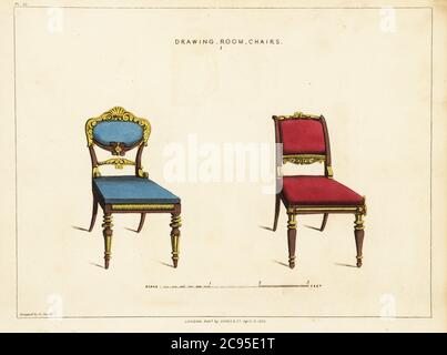 Two drawing room chairs, Regency style. Carved wooden chairs with gilt decoration and velvet or silk cushions. Handcoloured copperplate engraving from George Smith’s The Cabinet-Maker and Upholsterer’s Guide, Jones and Co., London, 1828. George Smith was upholsterer and furniture draughtsman to his Majesty (the Prince of Wales, later King George IV), circa 1786-1826. Stock Photo