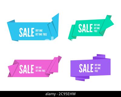 Set of colorful Origami paper ribbons for sale.Fold paper. Vector flat banner design for advertising wit space for text Stock Vector