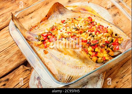 Flat-fish with vegetables on rustic background.Fried fish with vegetable filling Stock Photo