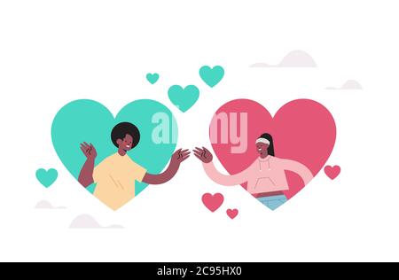 man woman chatting in online dating app couple in colorful hearts find your love social relationship communication concept portrait horizontal vector illustration Stock Vector