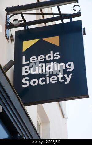 The Leeds Building Society sign hanging above a branch in the UK, taken 26th June 2020 Stock Photo