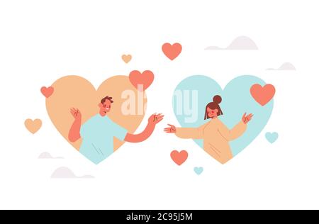man woman chatting in online dating app couple in colorful hearts find your love social relationship communication concept portrait horizontal vector illustration Stock Vector
