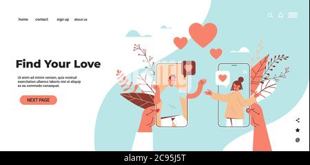 man woman chatting online mobile dating app couple discussing during virtual meeting social relationship communication concept horizontal copy space vector illustration Stock Vector
