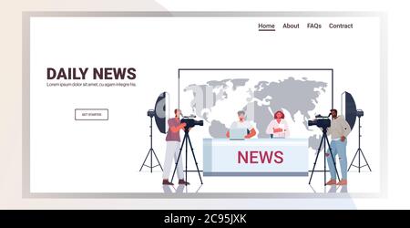 presenters broadcasting with cameramen on television people discussing daily news at modern tv studio horizontal full length copy space vector illustration Stock Vector