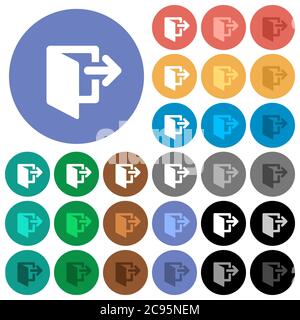 Exit multi colored flat icons on round backgrounds. Included white, light and dark icon variations for hover and active status effects, and bonus shad Stock Vector