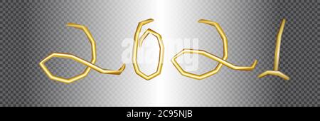2021 Happy New Year. Shining realistic 3D golden inscription 2021. Holiday vector illustration of golden metallic numbers. Great for design New year p Stock Vector